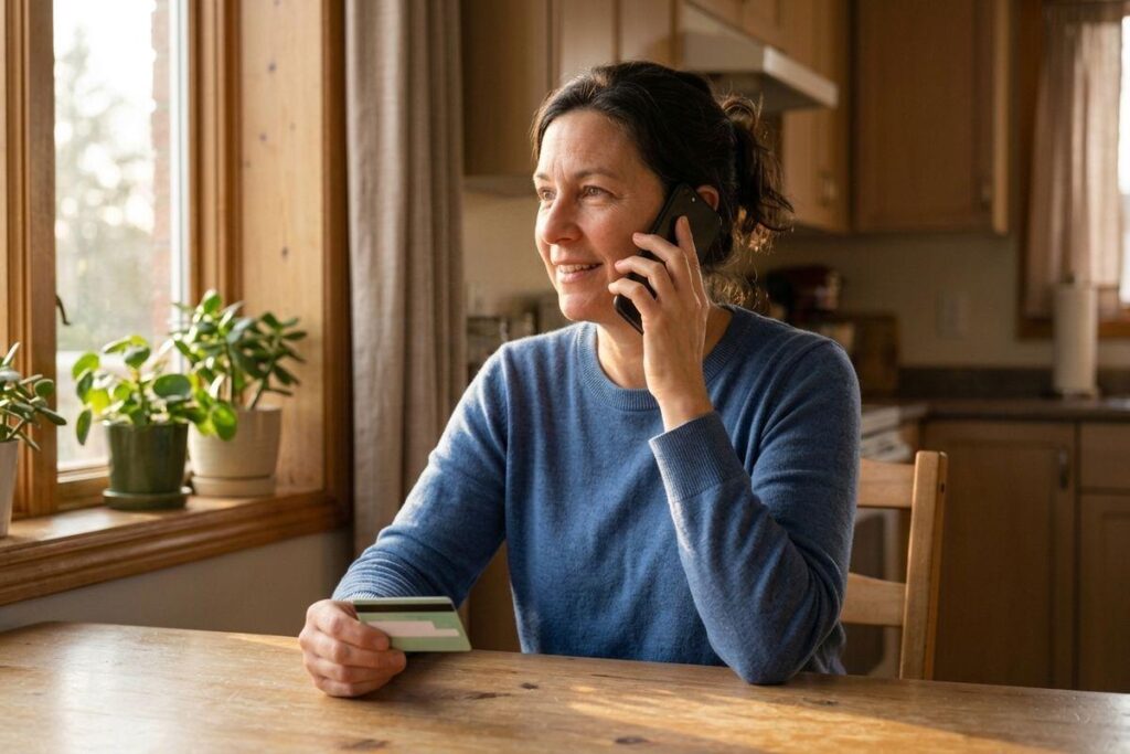 Adult in a blue sweater talking on a phone while holding a card at a wooden kitchen table, smiling and looking toward a window.
