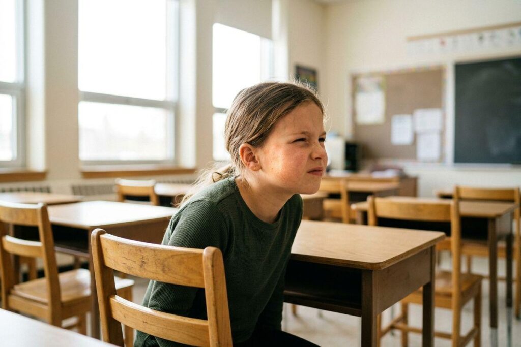 Child sitting at a wooden desk in an empty classroom, squinting toward the front near a chalkboard and windows.