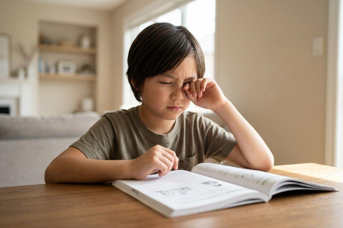 Child sitting at a wooden table with an open book, rubbing one eye with a fist and squinting in a bright living room.