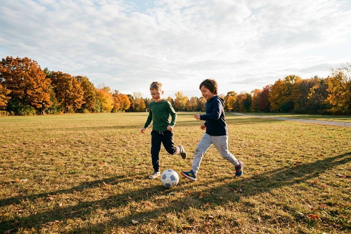 Two smiling children run after a soccer ball on a grassy park field, with autumn-colored trees in the background.