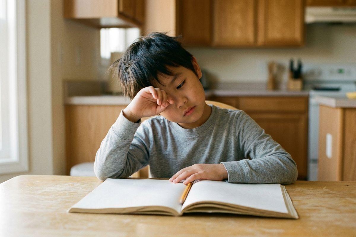 Child sitting at a kitchen table with an open blank notebook and pencil, rubbing one eye and looking down.