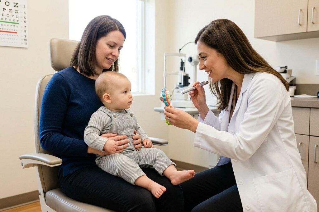 Optometrist holding a penlight and colorful rattle to examine a baby seated on an adult's lap in an exam chair, eye chart on the wall.